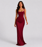 Alessia Cowl-Drape Corset Maxi Dress - Red