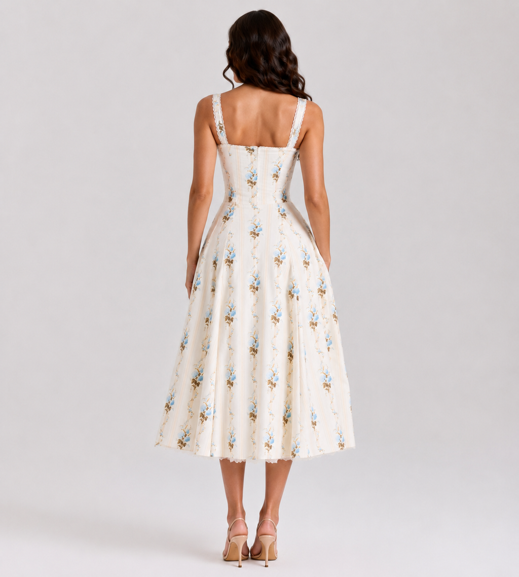 Estelle Floral Corset Midi Dress - Cream