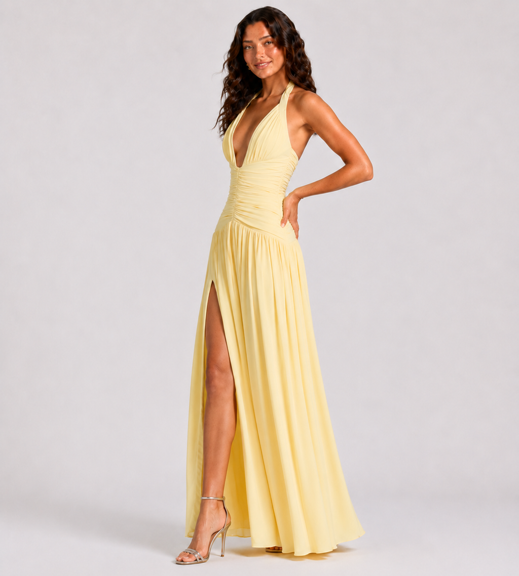 Seraphina Ruched Halter Maxi Dress - Yellow
