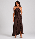 Evelina Pleated Ruffle Halter Maxi Dress - Brown