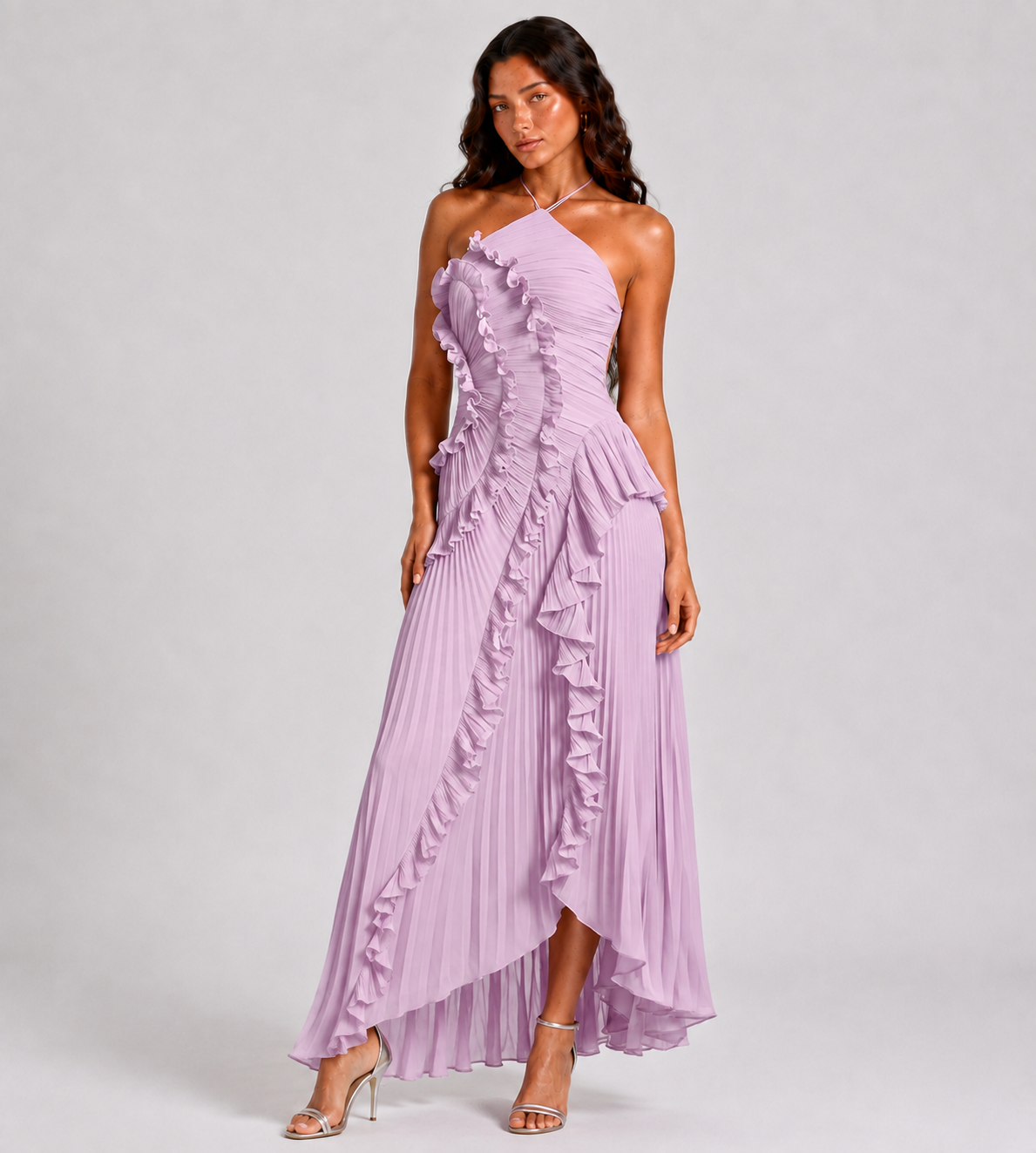 Evelina Pleated Ruffle Halter Maxi Dress - Lilac