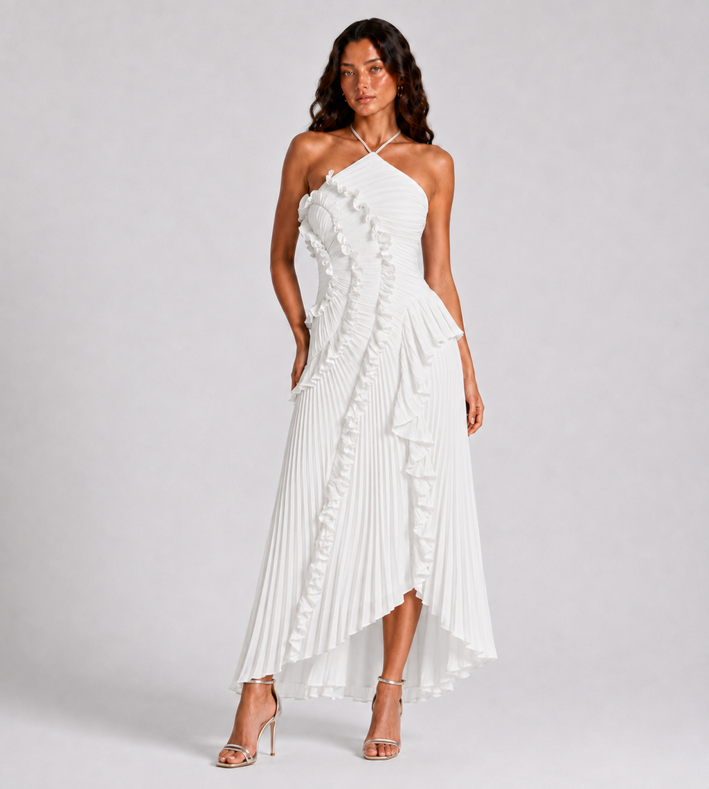 Evelina Pleated Ruffle Halter Maxi Dress - White