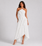Evelina Pleated Ruffle Halter Maxi Dress - White