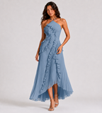 Evelina Pleated Ruffle Halter Maxi Dress - Blue