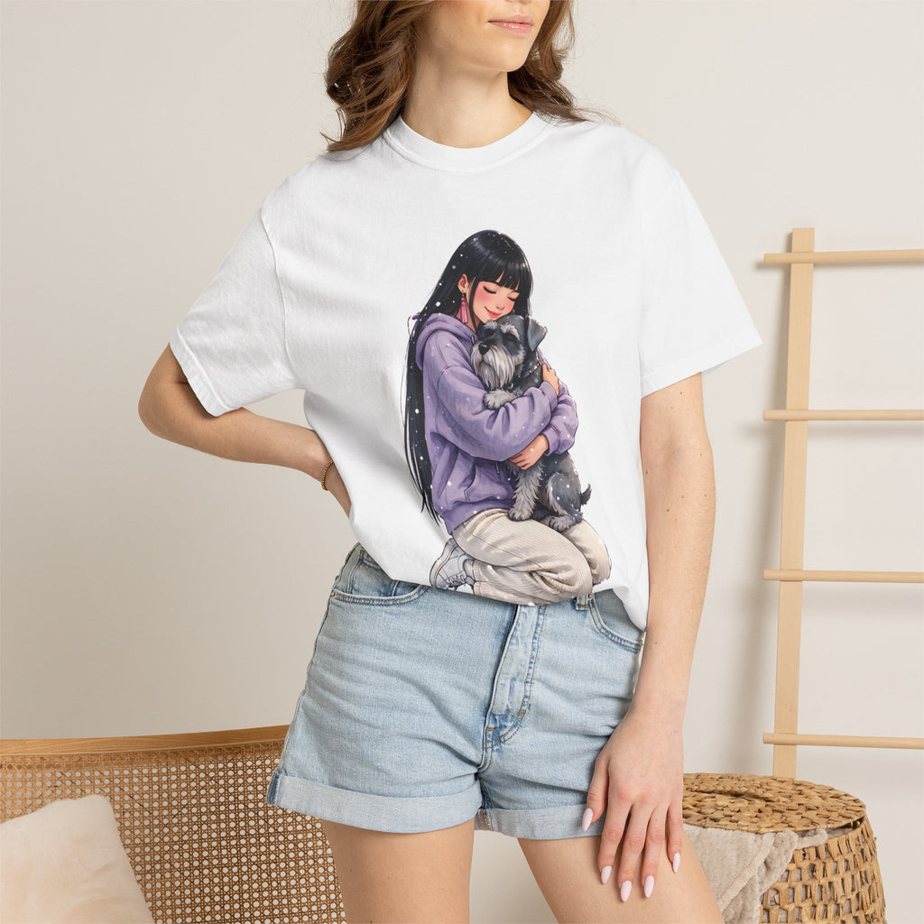 Woman wearing the white Dog Mom Hug schnauzer t-shirt with denim shorts