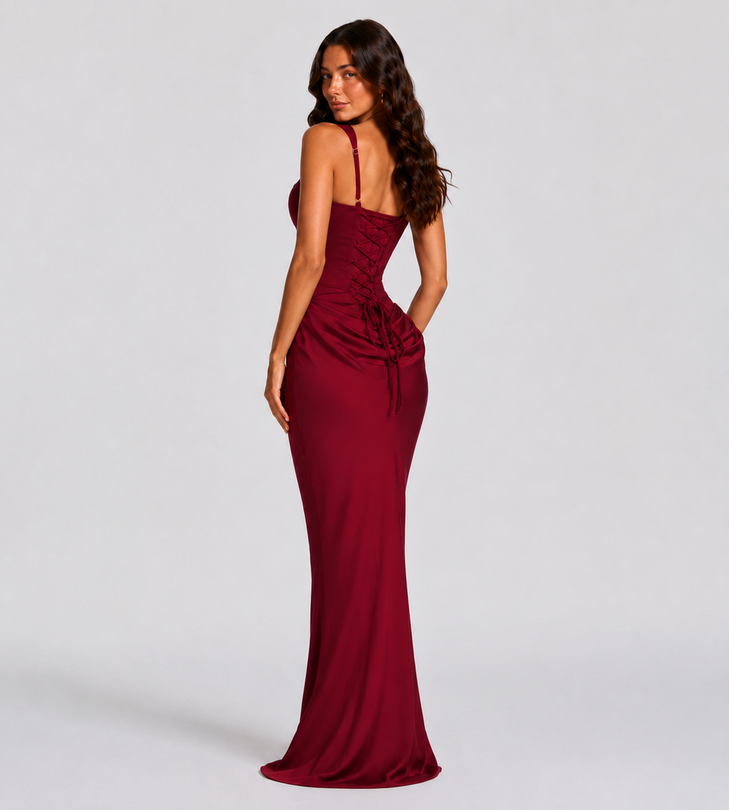 Alessia Cowl-Drape Corset Maxi Dress - Red