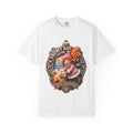 White t-shirt printed with a bronze badge of a red-haired girl in pink and a golden dog in the snow, reading A Snowy Day With My Bae and Best Dog Ever
