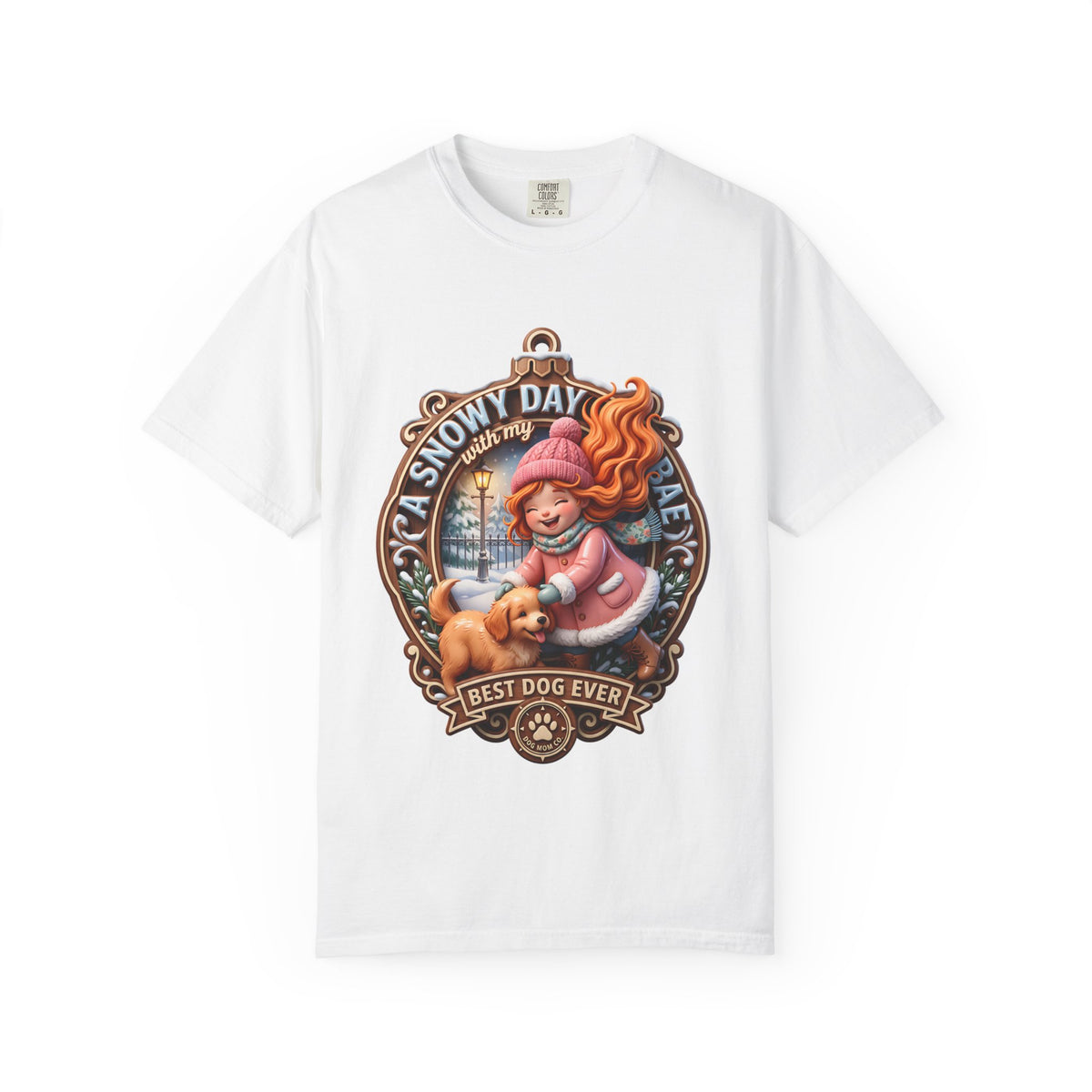 White t-shirt printed with a bronze badge of a red-haired girl in pink and a golden dog in the snow, reading A Snowy Day With My Bae and Best Dog Ever