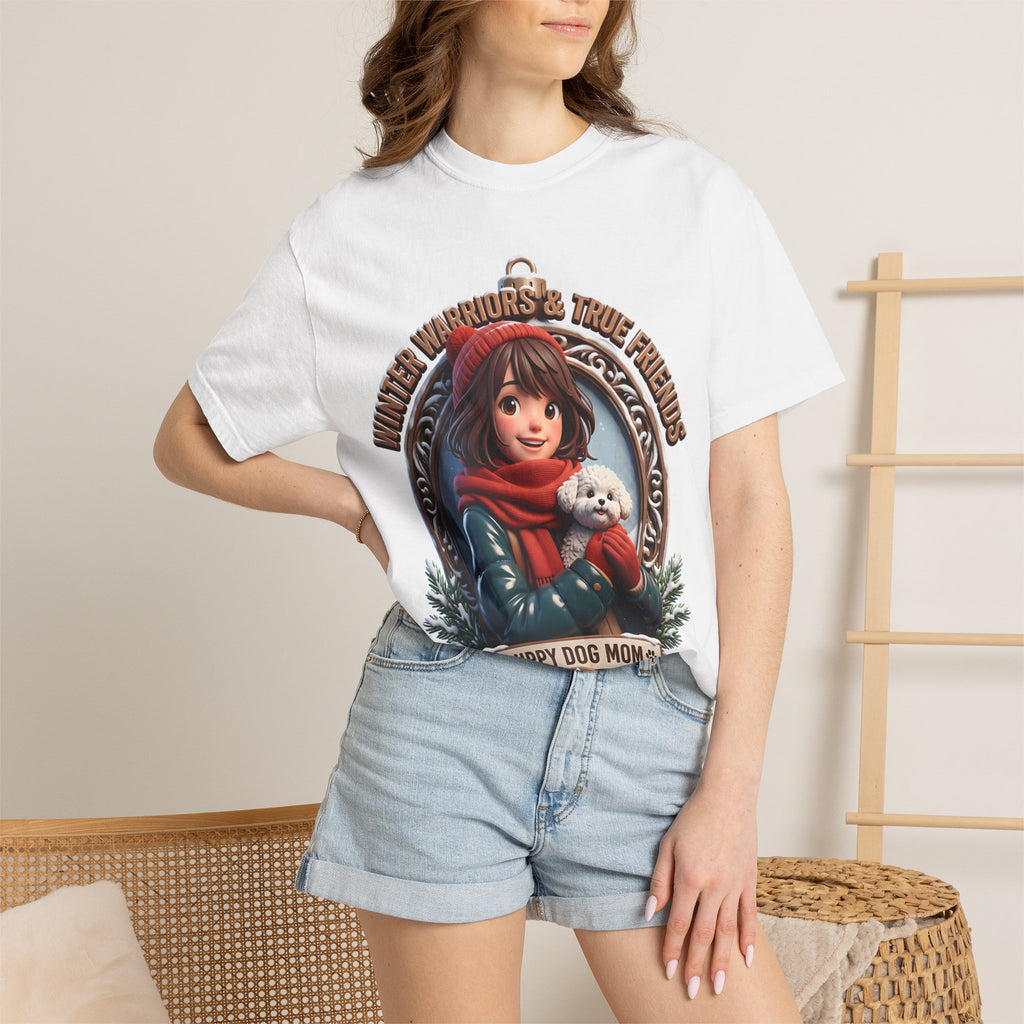 Woman wearing the white Puppy Dog Mom badge t-shirt with denim shorts