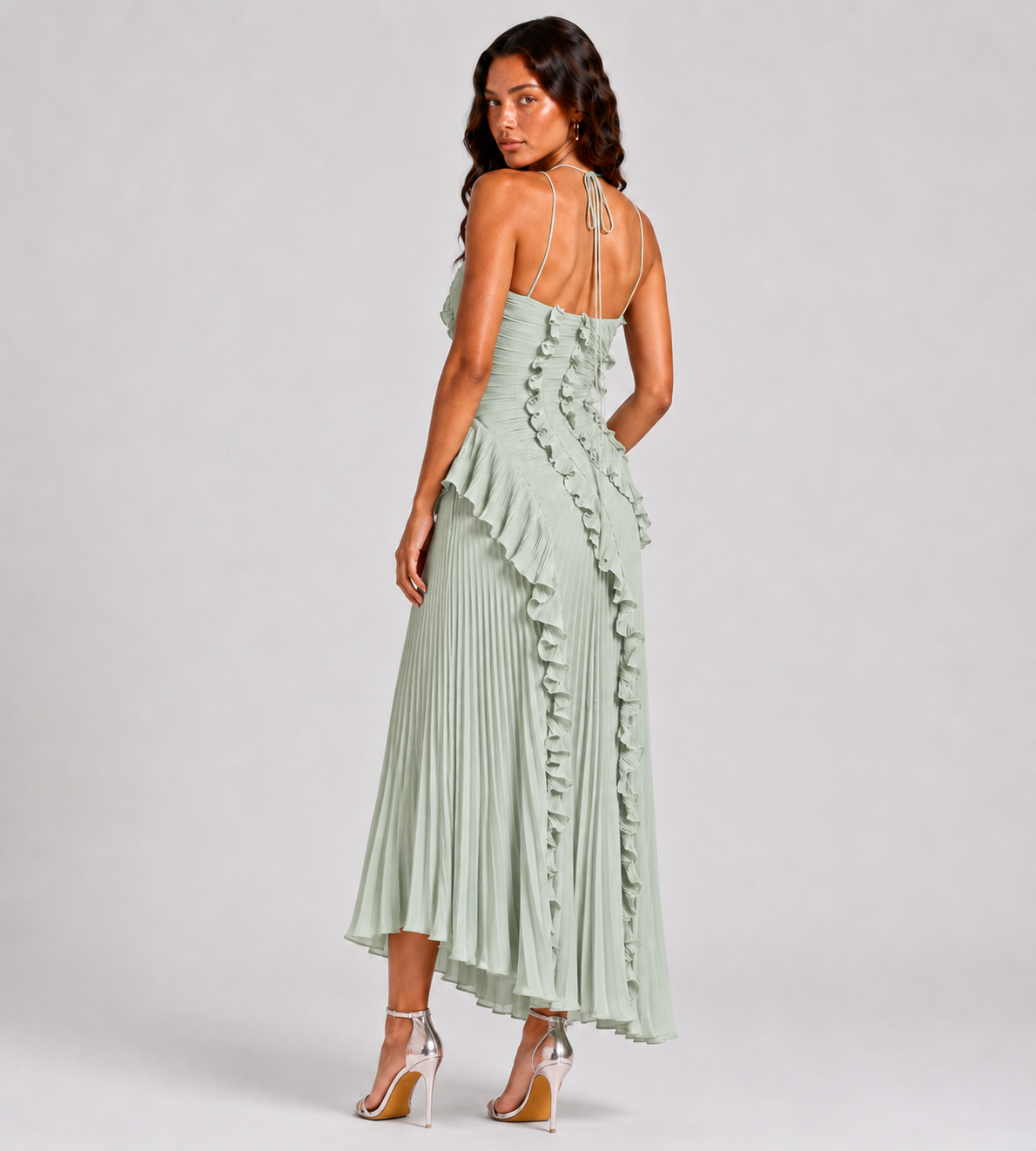 Evelina Pleated Ruffle Halter Maxi Dress - Mint Green
