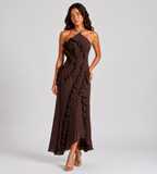 Evelina Pleated Ruffle Halter Maxi Dress - Brown