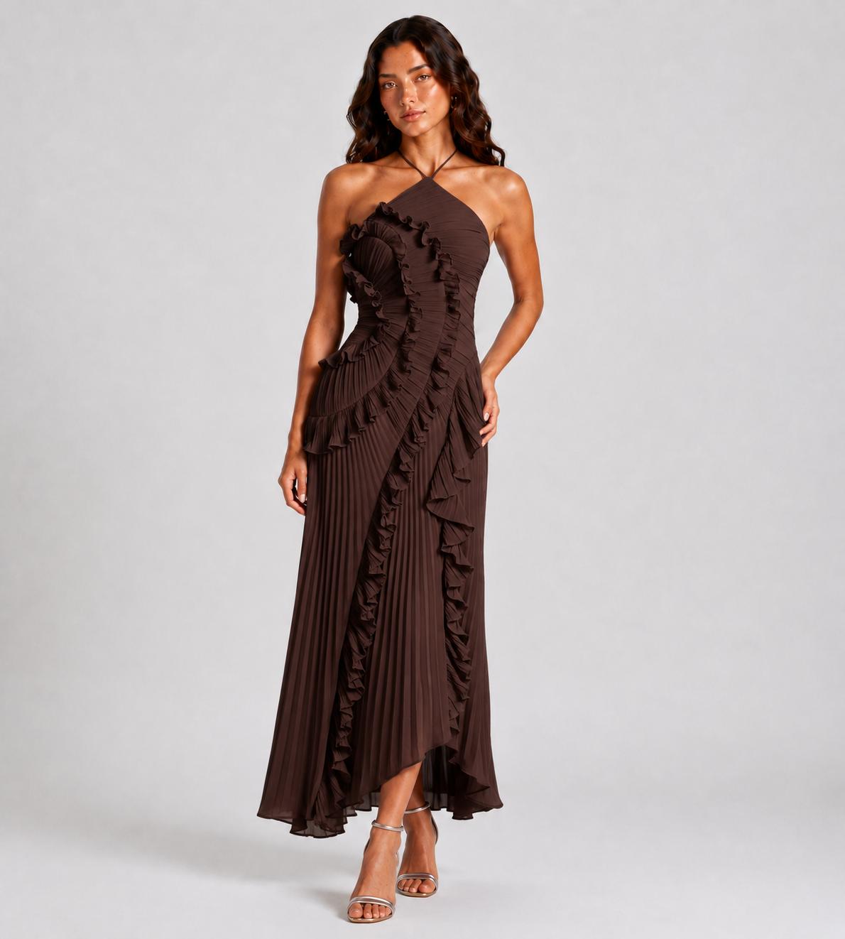 Evelina Pleated Ruffle Halter Maxi Dress - Brown