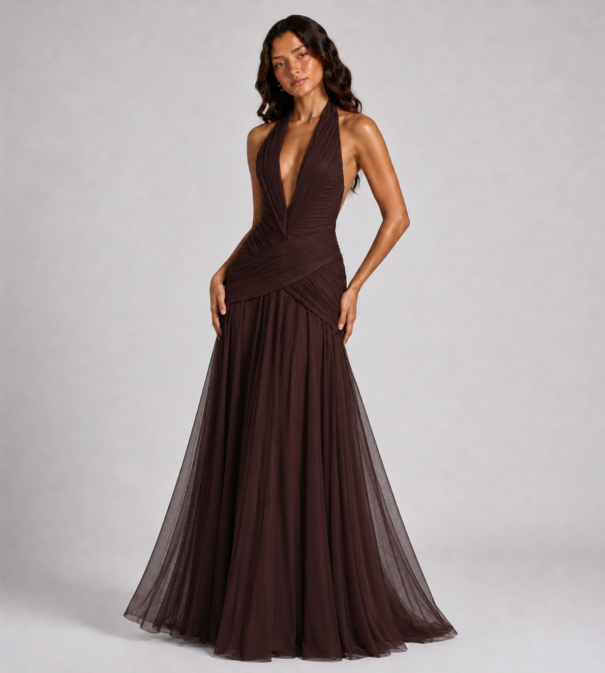 Elowen Draped Chiffon Halter Maxi Dress - Brown
