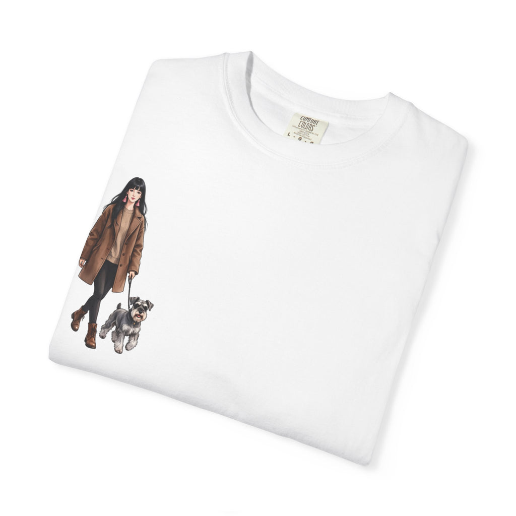 Folded white t-shirt showing the woman walking her schnauzer print