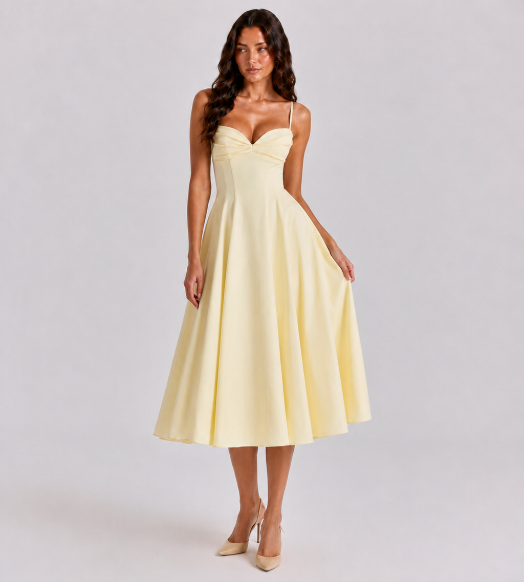 Aurelia Pleated Midi Dress - Lemon