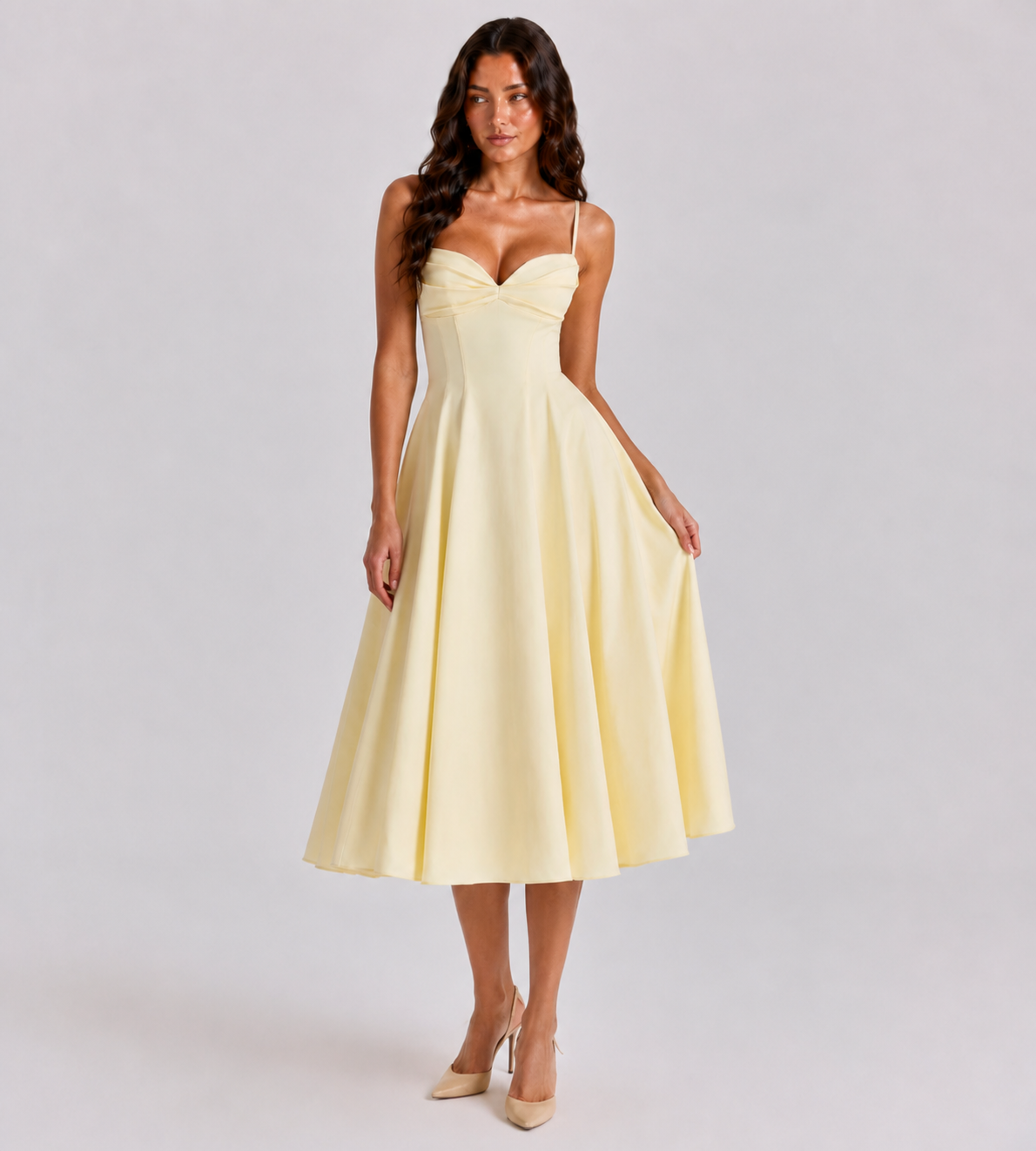 Aurelia Pleated Midi Dress - Lemon