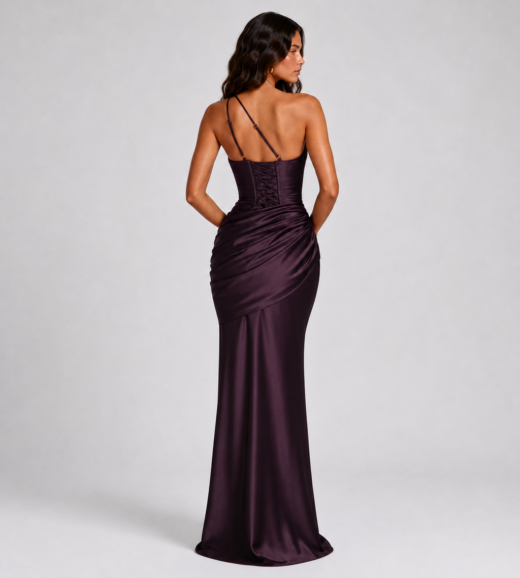 Isolde One-Shoulder Satin Maxi Dress - Plum