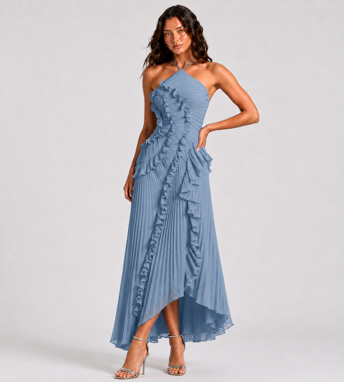 Evelina Pleated Ruffle Halter Maxi Dress - Blue
