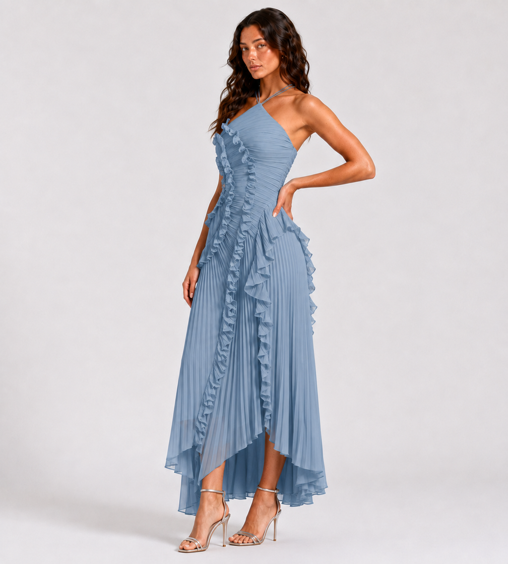 Evelina Pleated Ruffle Halter Maxi Dress - Blue