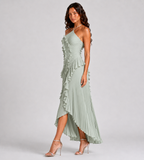 Evelina Pleated Ruffle Halter Maxi Dress - Mint Green