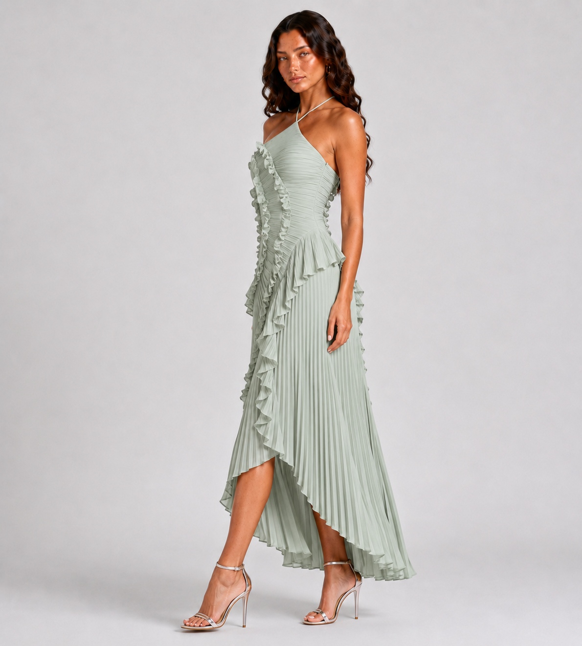 Evelina Pleated Ruffle Halter Maxi Dress - Mint Green