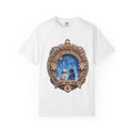 White heavyweight t-shirt with a bronze badge print of two dogs under a starry snowy sky, reading Winter Magic With Bae and Best Dog Ever