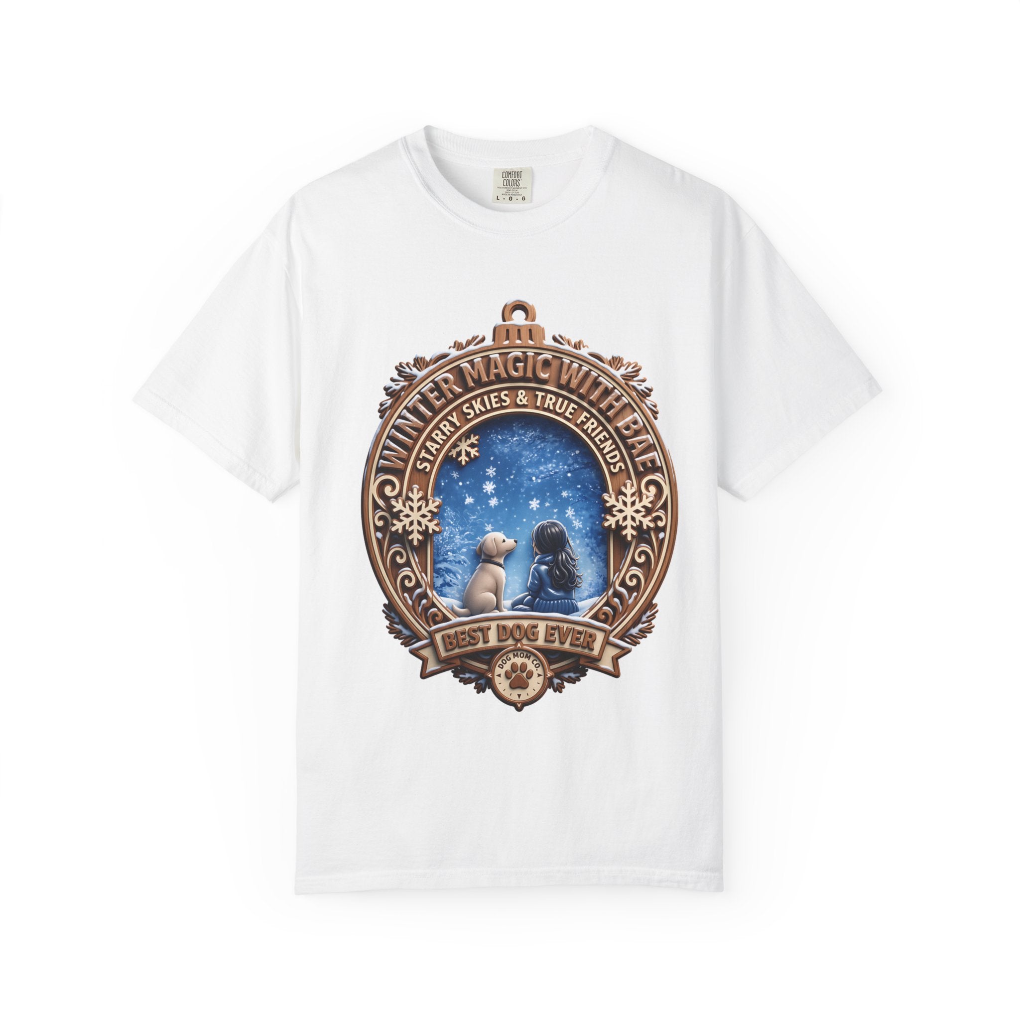 White heavyweight t-shirt with a bronze badge print of two dogs under a starry snowy sky, reading Winter Magic With Bae and Best Dog Ever