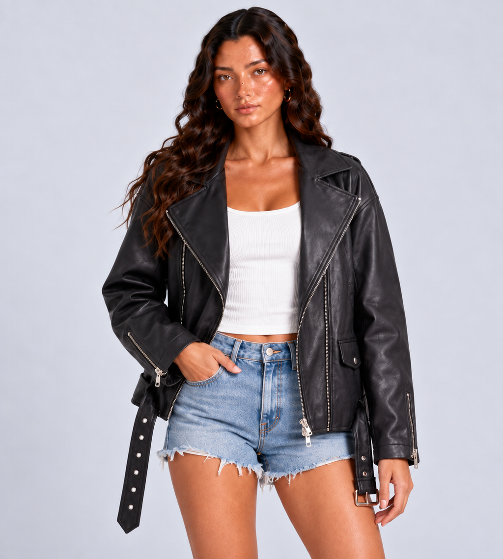 Mara Oversized Faux Leather Biker Jacket - Black