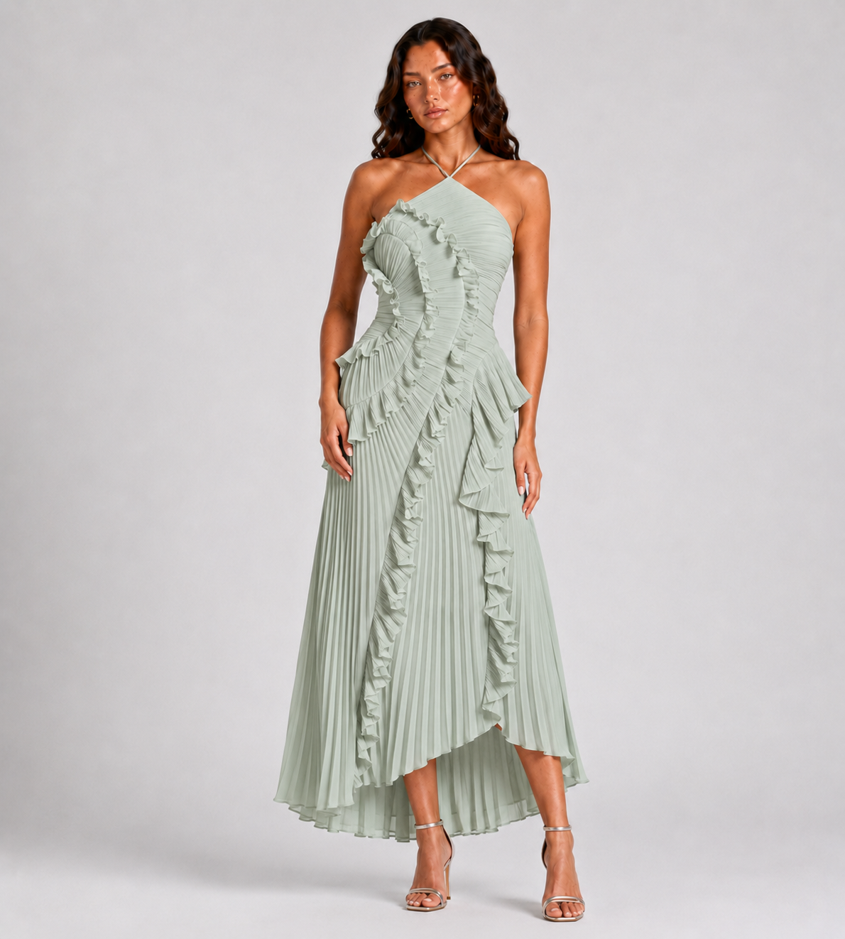 Evelina Pleated Ruffle Halter Maxi Dress - Mint Green