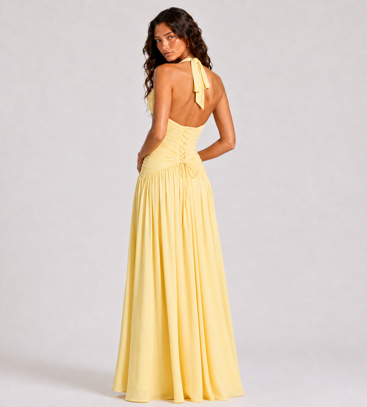 Seraphina Ruched Halter Maxi Dress - Yellow