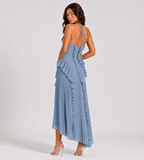 Evelina Pleated Ruffle Halter Maxi Dress - Blue