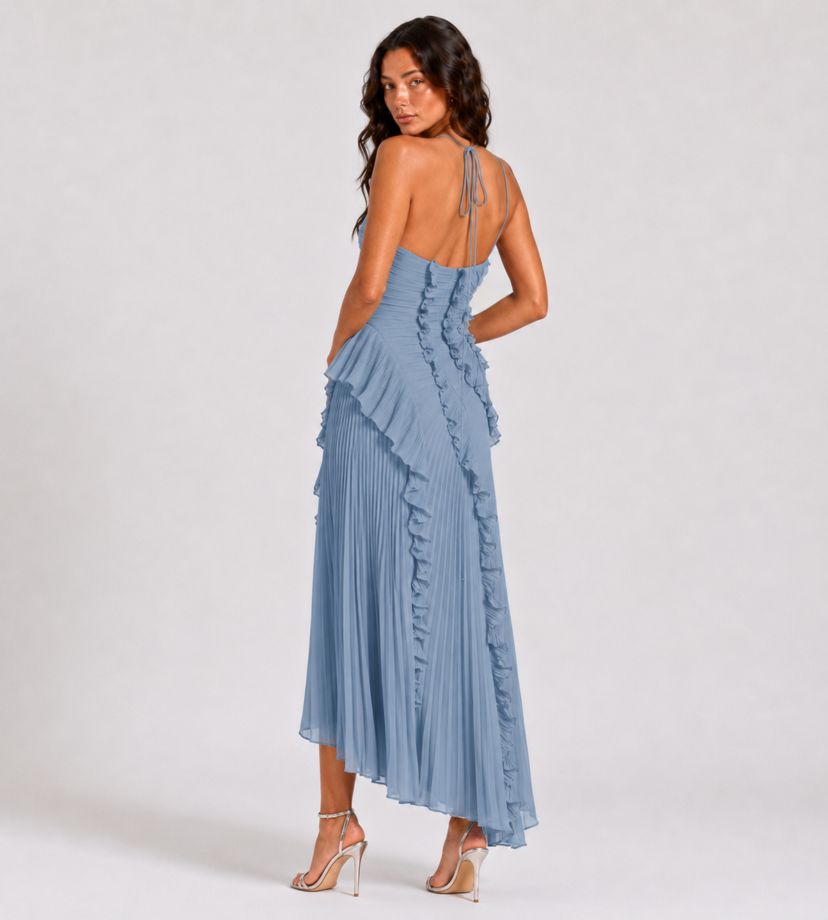 Evelina Pleated Ruffle Halter Maxi Dress - Blue