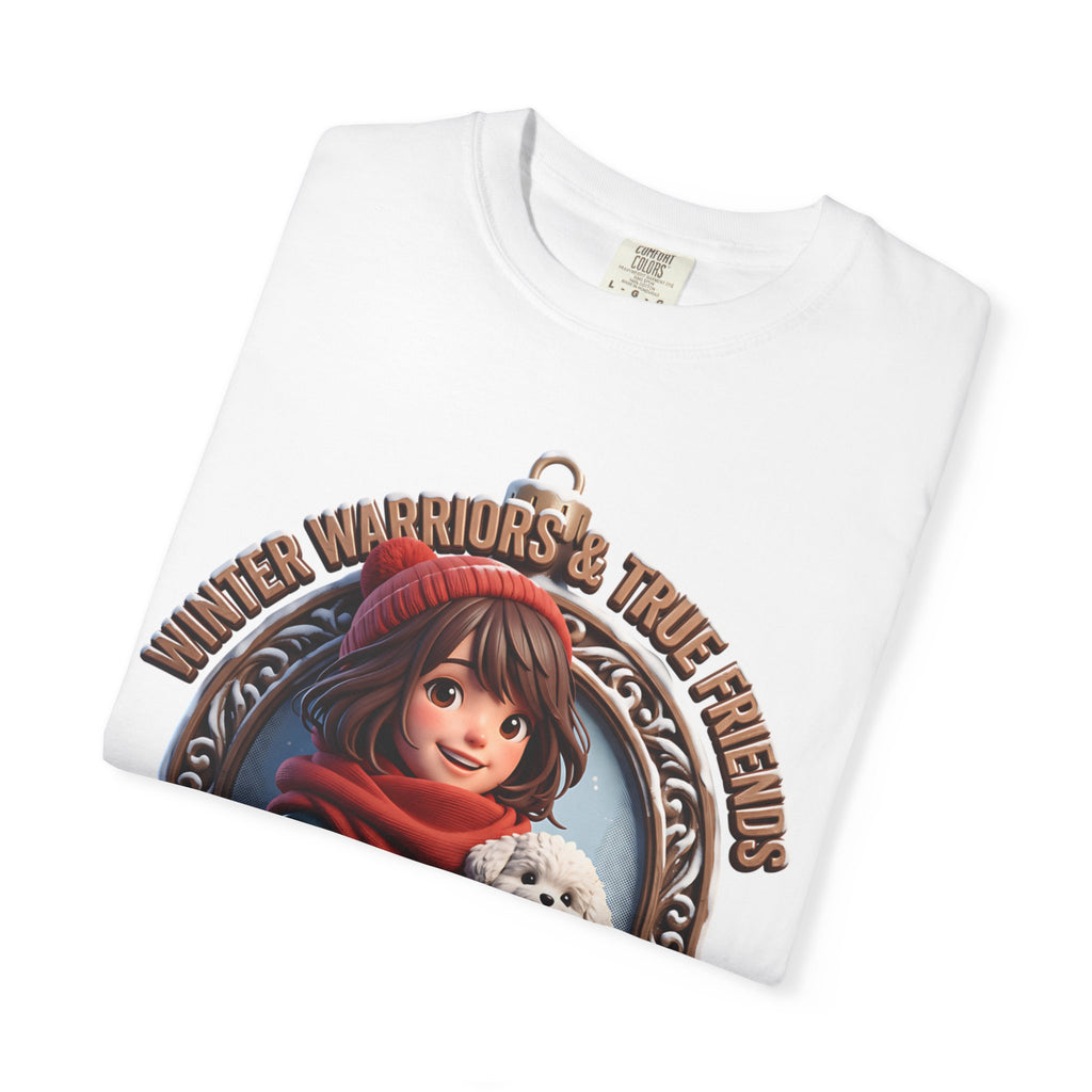 Folded white t-shirt showing the top of the Puppy Dog Mom winter badge print