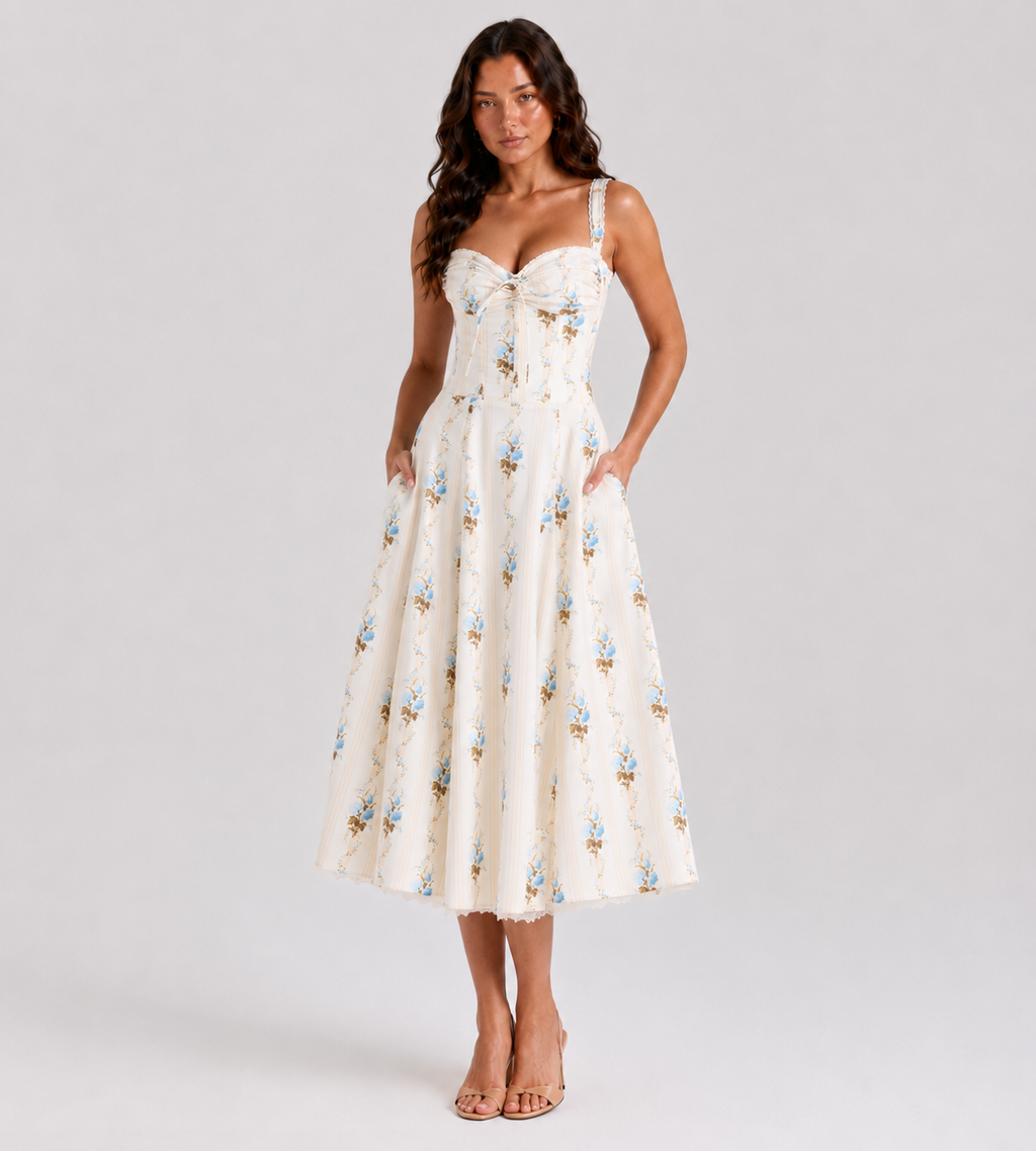 Estelle Floral Corset Midi Dress - Cream
