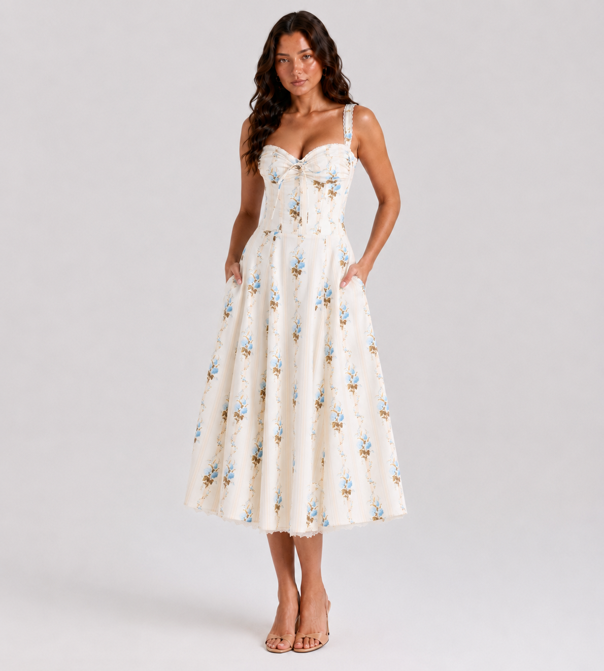 Estelle Floral Corset Midi Dress - Cream