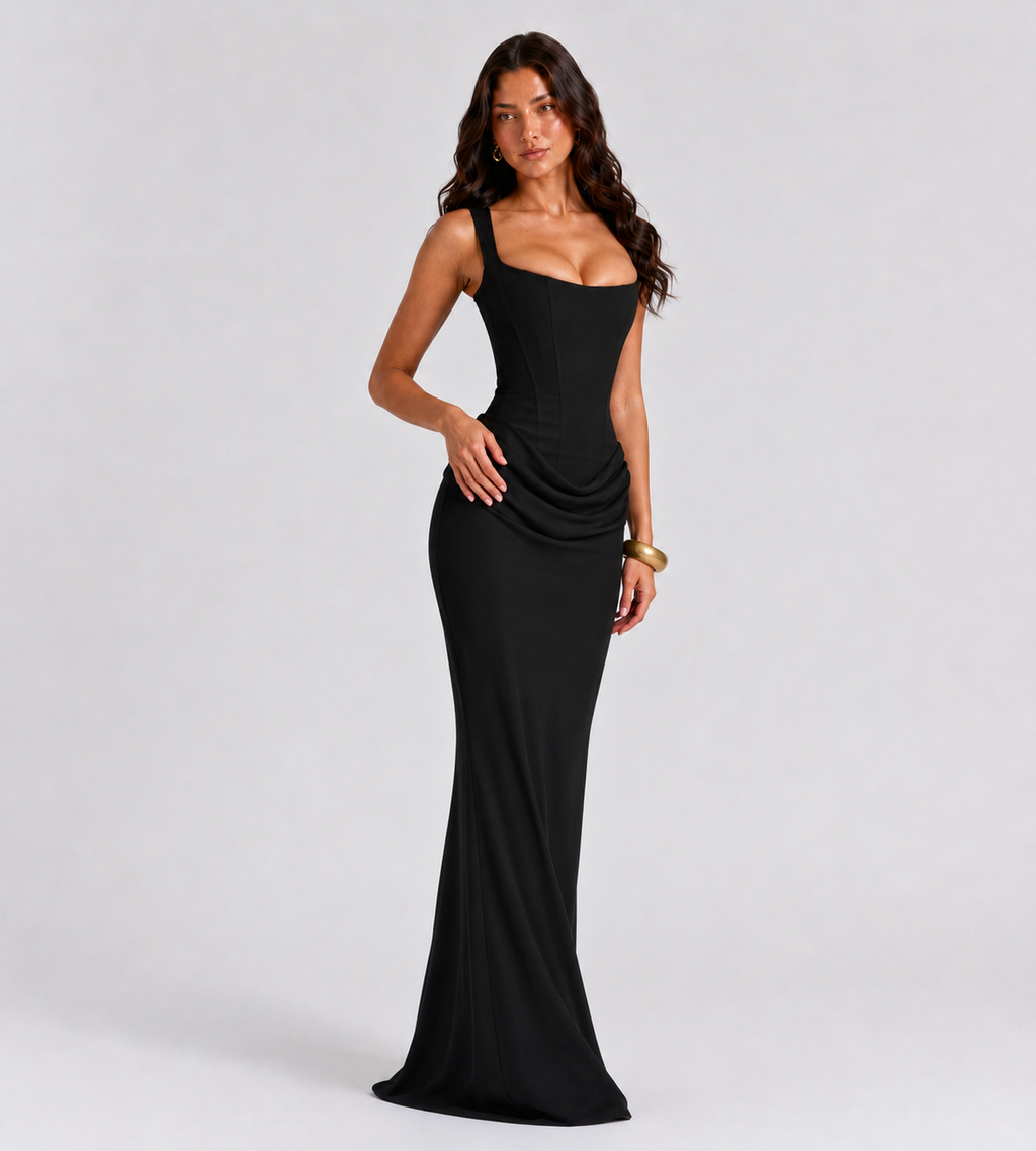 Alessia Cowl-Drape Corset Maxi Dress - Black