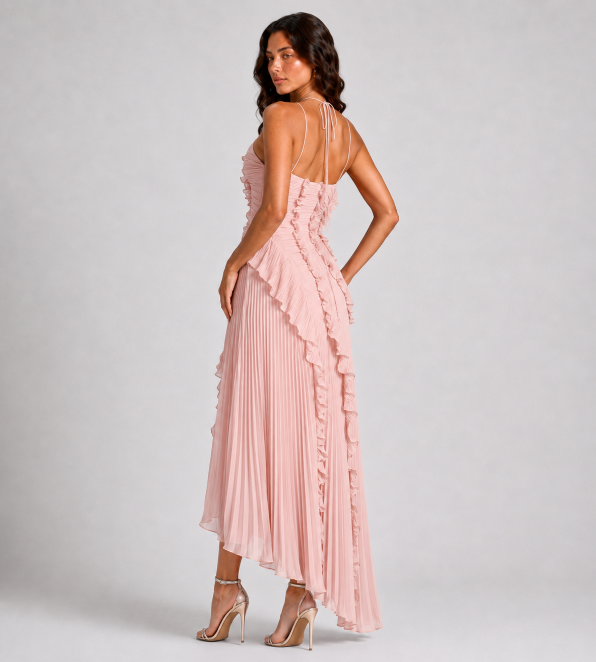 Evelina Pleated Ruffle Halter Maxi Dress - Pink