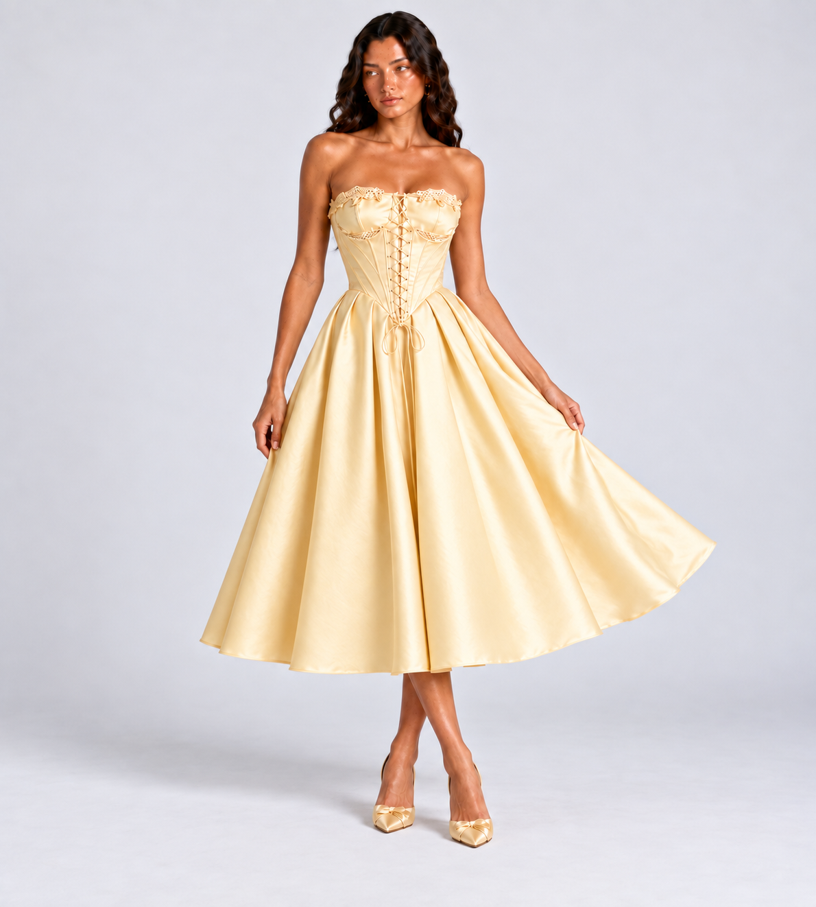 Elodie Lace-Trim Corset Midi Dress - Butter Yellow