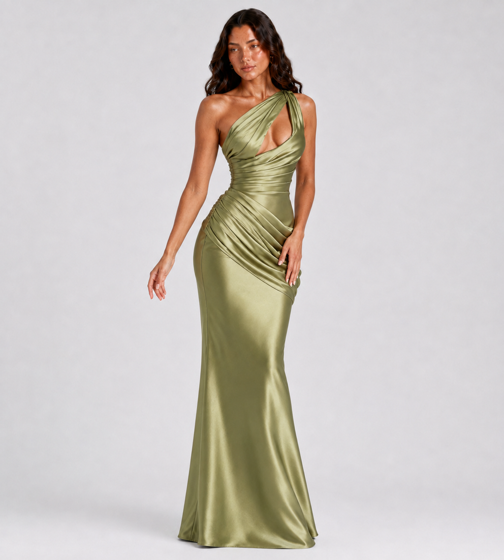 Isolde One-Shoulder Satin Maxi Dress - Olive