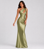 Isolde One-Shoulder Satin Maxi Dress - Olive