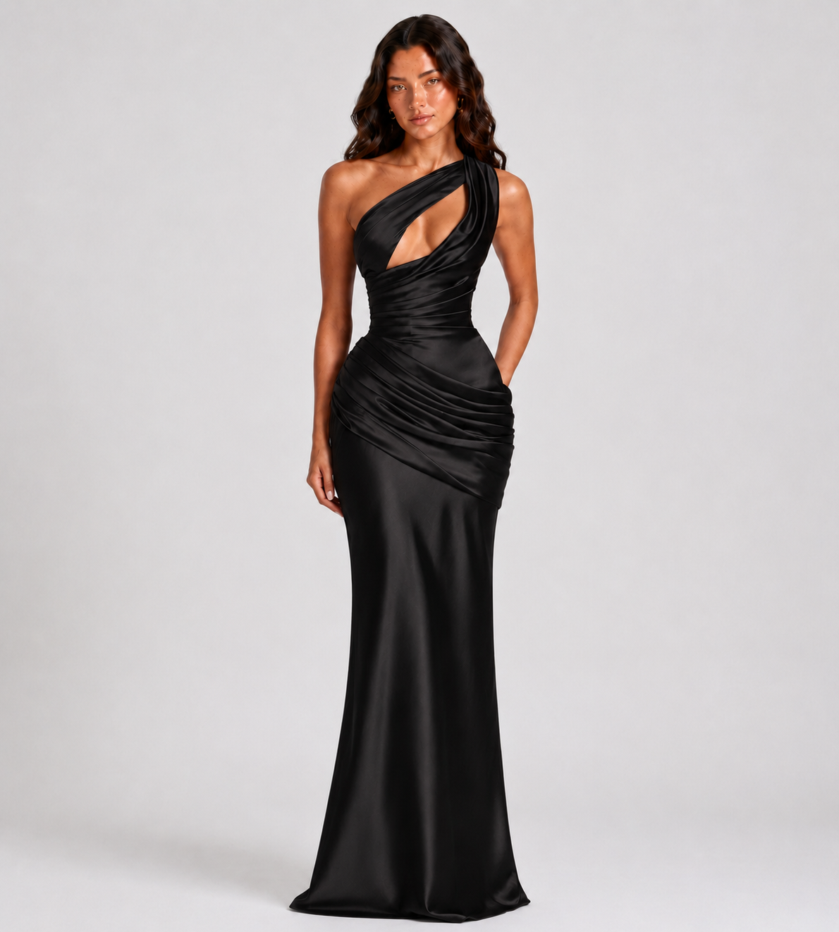 Isolde One-Shoulder Satin Maxi Dress - Black