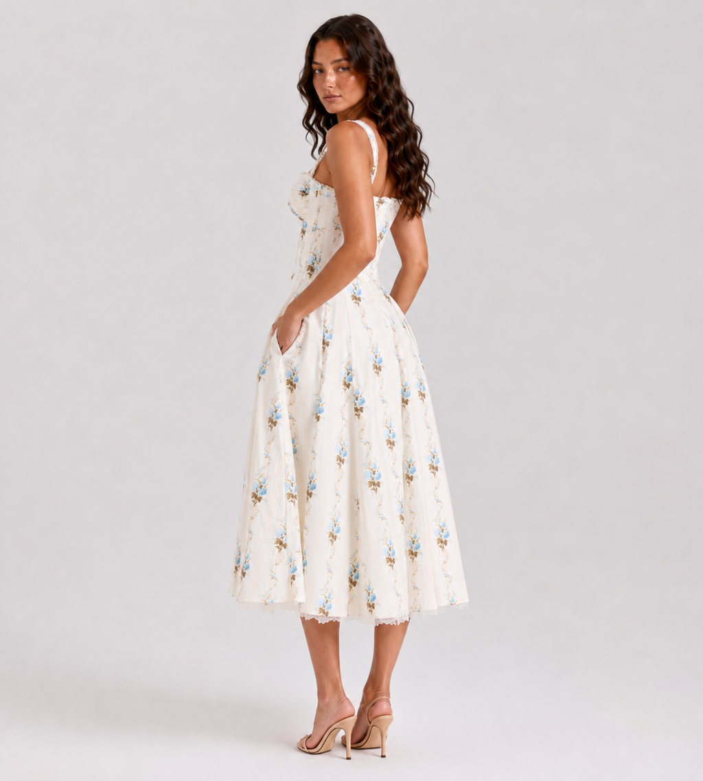 Estelle Floral Corset Midi Dress - Cream