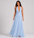 Elowen Draped Chiffon Halter Maxi Dress - Blue