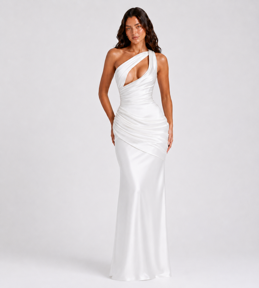 Isolde One-Shoulder Satin Maxi Dress - White