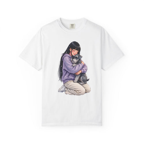 White t-shirt printed with an illustration of a girl in a lavender hoodie hugging her grey schnauzer