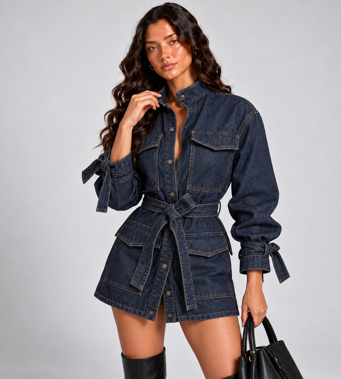 Marlowe Belted Utility Denim Shirt Dress - Dark Blue