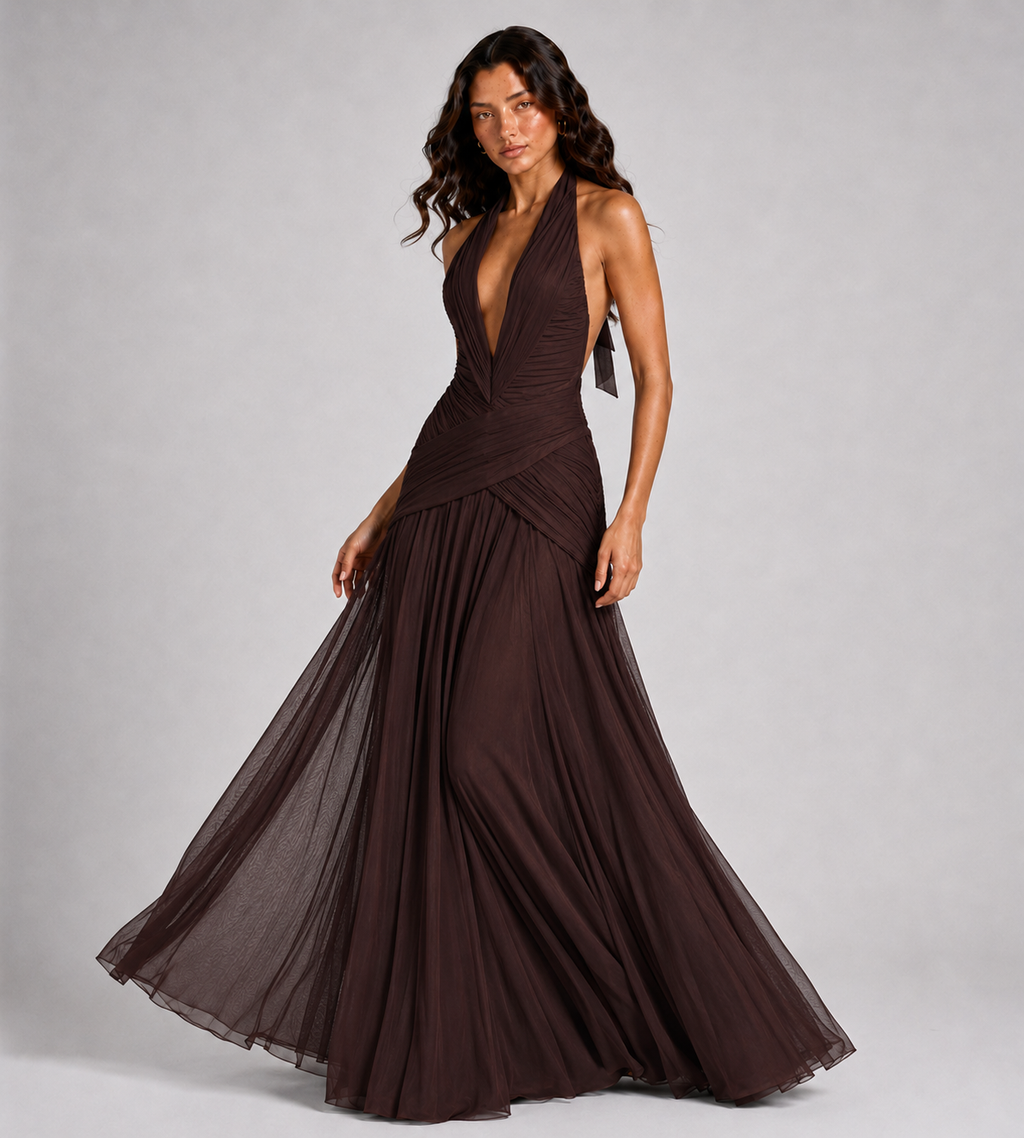 Elowen Draped Chiffon Halter Maxi Dress - Brown