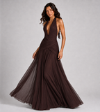 Elowen Draped Chiffon Halter Maxi Dress - Brown
