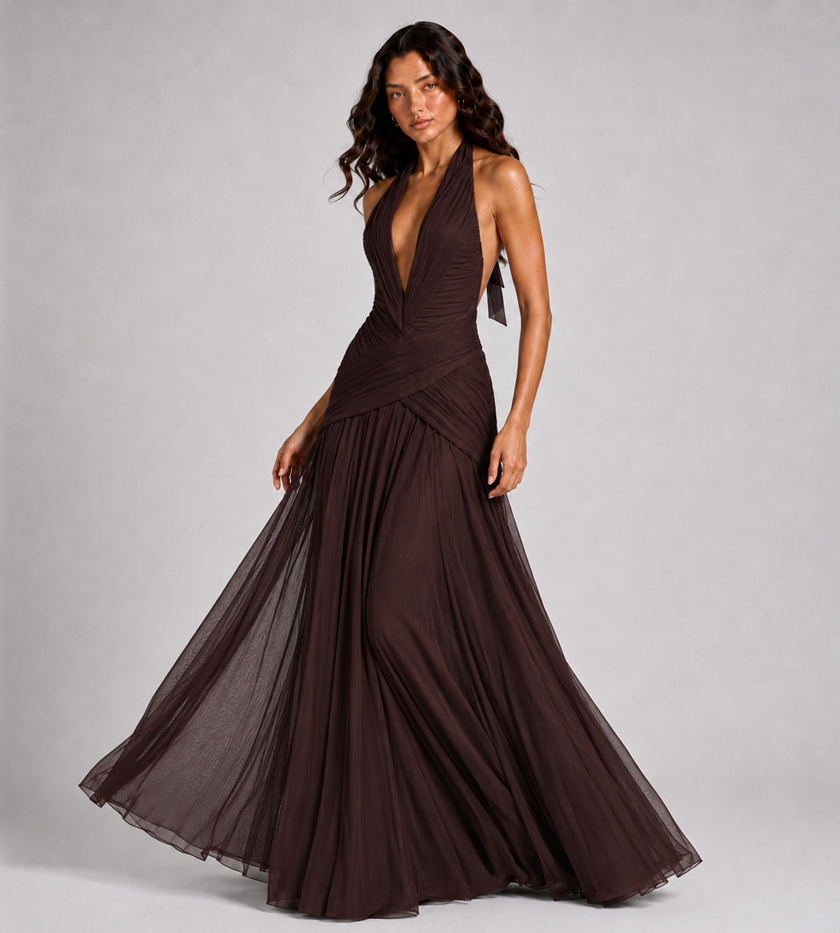 Elowen Draped Chiffon Halter Maxi Dress - Brown