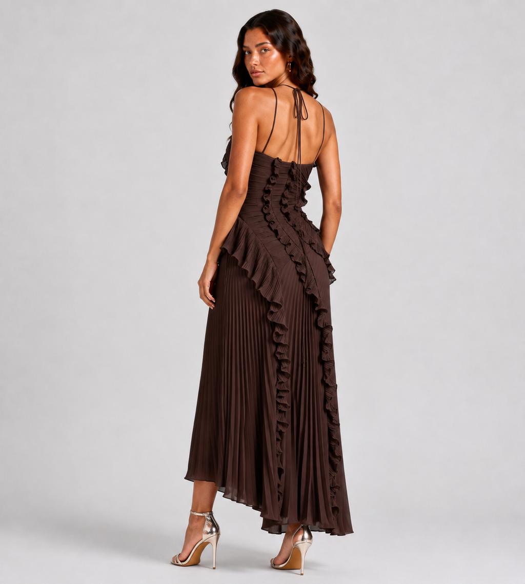Evelina Pleated Ruffle Halter Maxi Dress - Brown